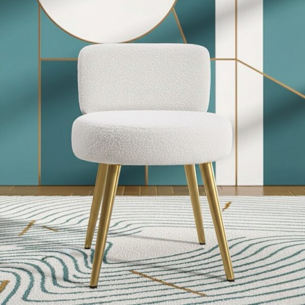 SAWIM Luxe Cream Teddy Vanity Chair with Gold Tapered Legs – Modern Accent Stool